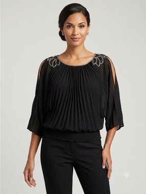 ECI New York Black Pleated Chiffon Blouse Beaded Neckline 3/4 Sleeve Size L